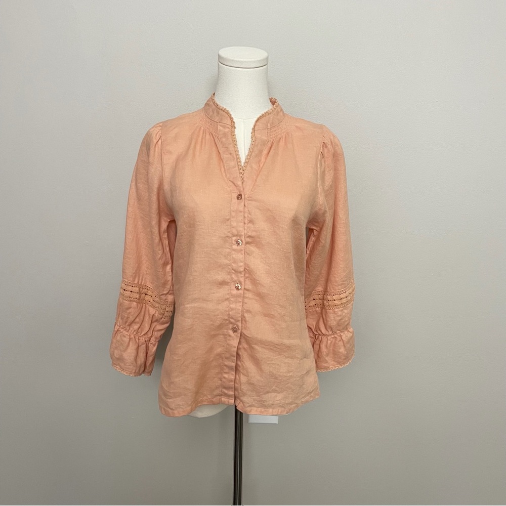 Loeffler Randall Top 100% Linen Mandarin Split Neck Puff 3/4 Sleeve Crocheted